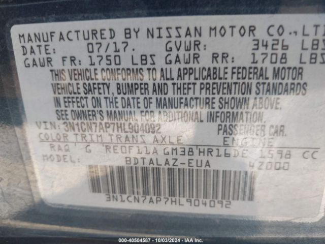 3N1CN7AP7HL904092 Nissan Versa 1.6 S+