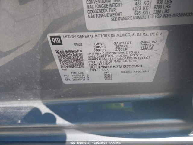 3GCPWBEK7MG351993 Chevrolet Silverado 1500 2wd  Short Bed Custom