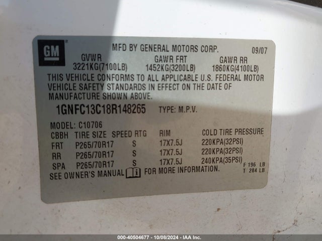Aukcja sprzedaży 2008 Chevrolet Tahoe Ls, vin: 1GNFC13C18R148265, numer aukcji: 40504677