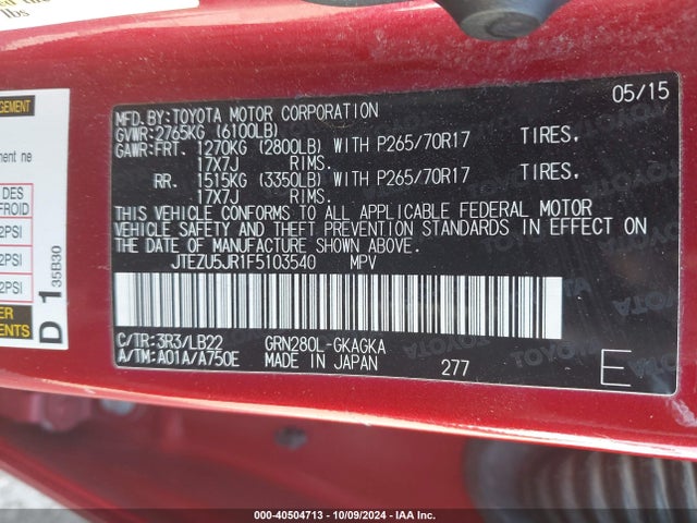 Toyota 4runner Sr5 Premium 2015 JTEZU5JR1F5103540 Image 9