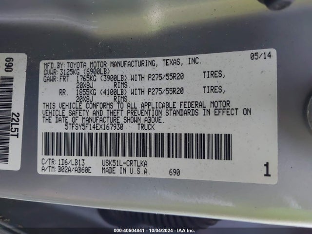 5TFSY5F14EX167930 Toyota Tundra Limited 5.7l V8