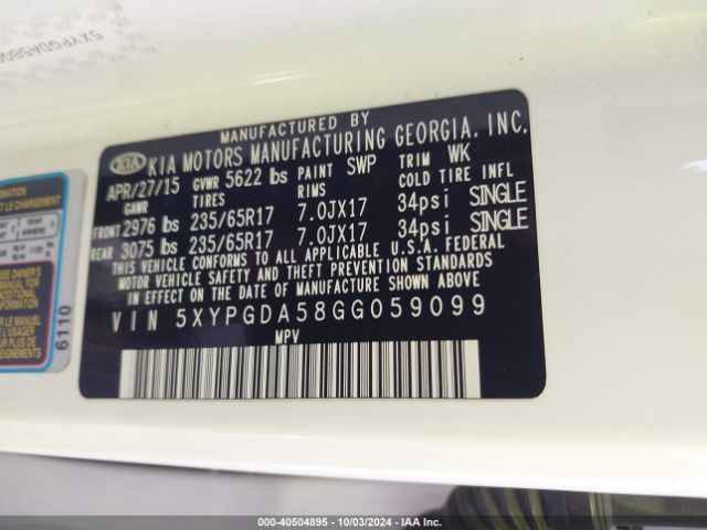 5XYPGDA58GG059099 KIA Sorento 3.3l Lx