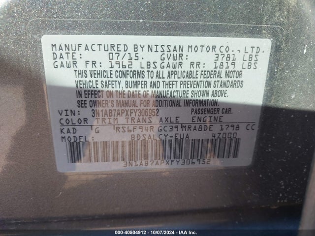 Nissan SENTRA S 2015 3N1AB7APXFY306952 Image 9