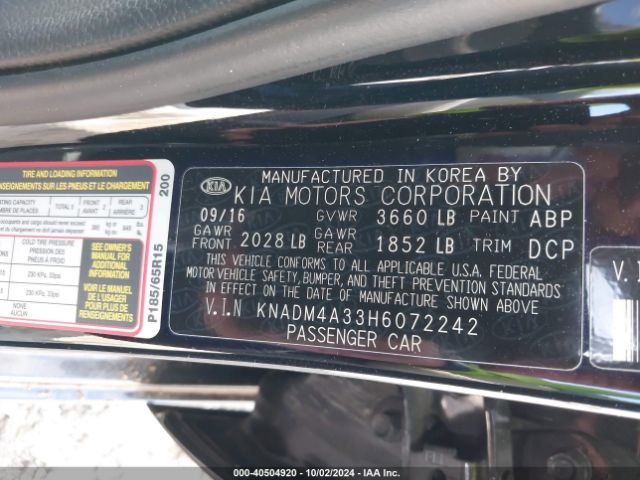 KNADM4A33H6072242 KIA RIO LX