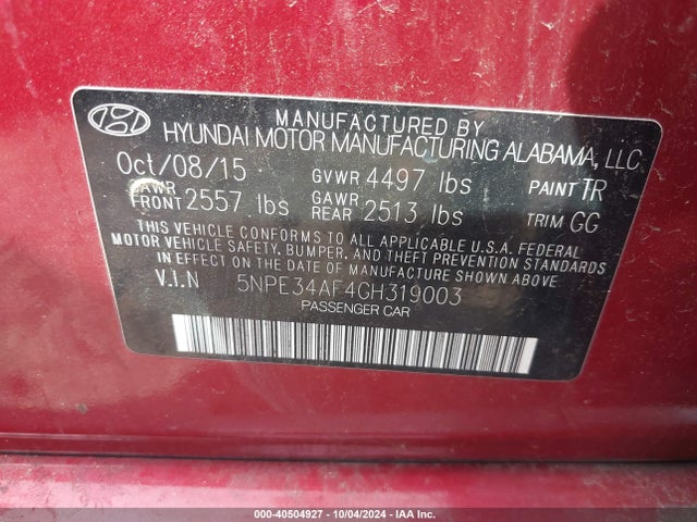 2016 Hyundai Sonata Sport მანქანა იყიდება აუქციონზე, vin: 5NPE34AF4GH319003, აუქციონის ნომერი: 40504927