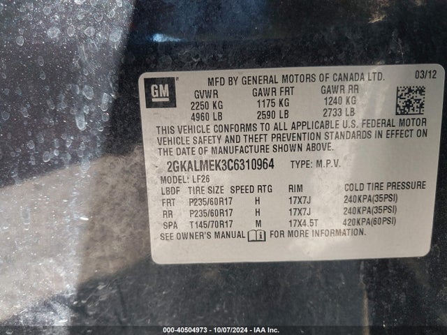 Aukcja sprzedaży 2012 Gmc Terrain Sle-1, vin: 2GKALMEK3C6310964, numer aukcji: 40504973