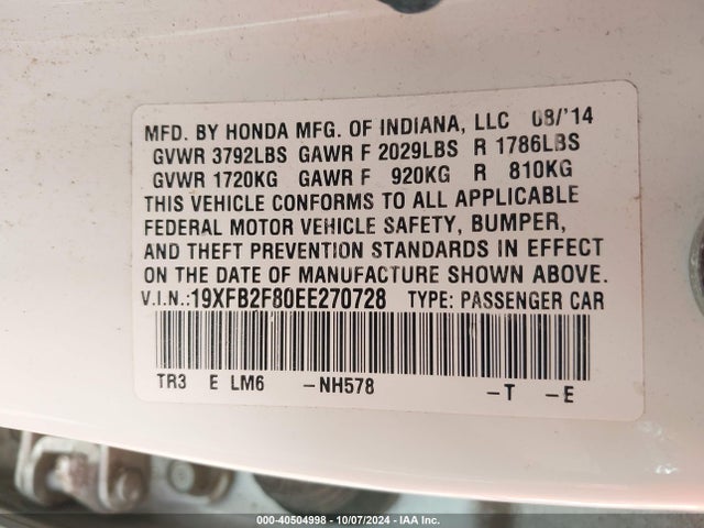 Honda CIVIC EX 2014 19XFB2F80EE270728 Image 9