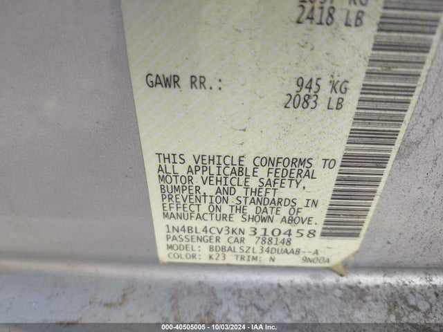 Nissan Altima 2.5 Sr 2019 1N4BL4CV3KN310458 Image 9