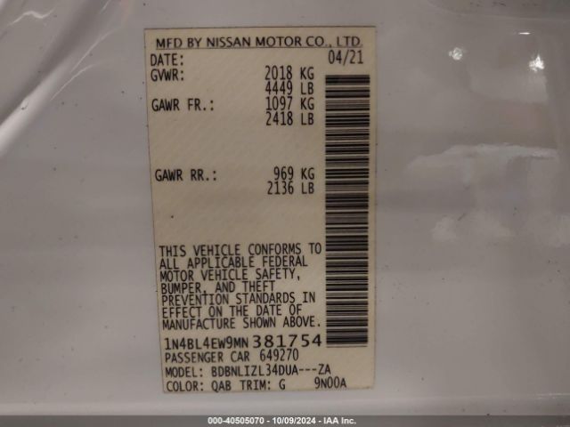 1N4BL4EW9MN381754 Nissan Altima Sl Intelligent Awd