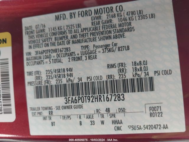 3FA6P0T92HR167283 Ford FUSION SE