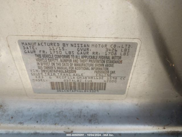 3N1CN7AP4GL843329 Nissan Versa 1.6 S/1.6 S+/1.6 Sl/1.6 Sv