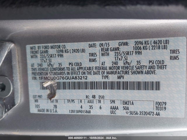 Ford ESCAPE SE 2016 1FMCU0G76GUA83212 Image 9