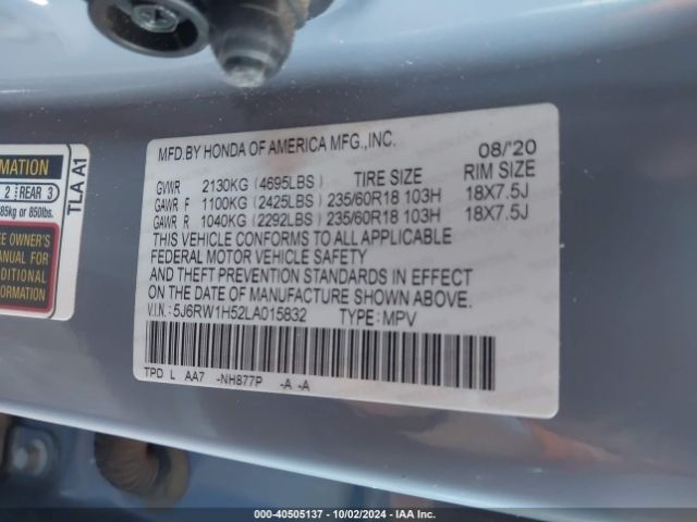 5J6RW1H52LA015832 Honda Cr-v 2wd Ex