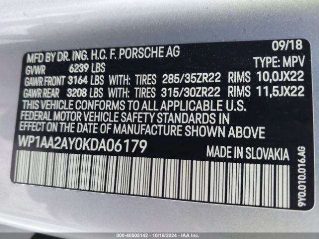 WP1AA2AY0KDA06179 Porsche Cayenne
