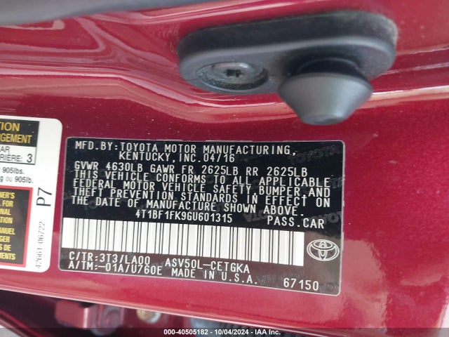 Toyota CAMRY XLE 2016 4T1BF1FK9GU601315 Image 9