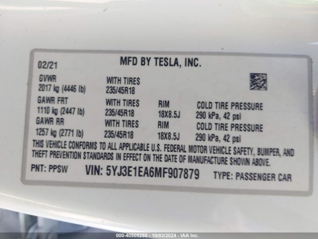 5YJ3E1EA6MF907879 Tesla Model 3 Standard Range Plus Rear-wheel Drive