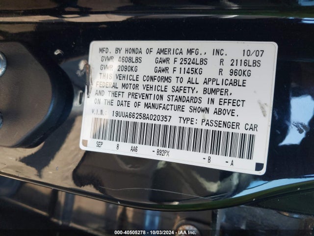 2008 Acura Tl 3.2 მანქანა იყიდება აუქციონზე, vin: 19UUA66258A020357, აუქციონის ნომერი: 40505278