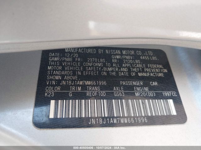 JN1BJ1AW7MW661996 Nissan Rogue Sport S Awd Xtronic Cvt