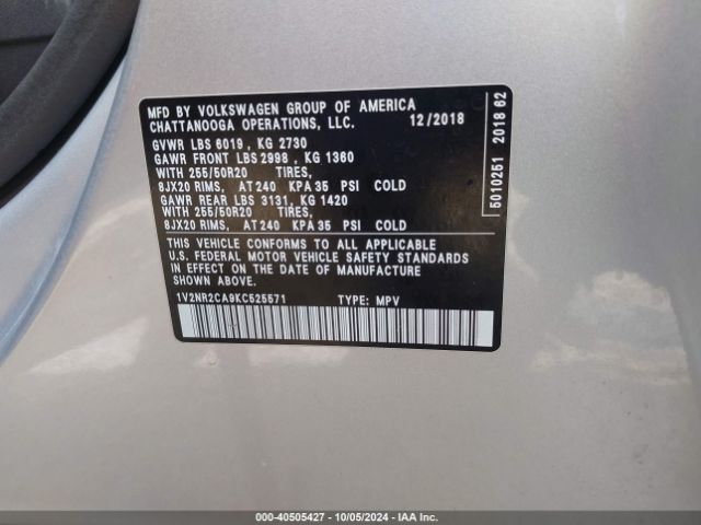 1V2NR2CA9KC525571 Volkswagen Atlas 3.6l V6 Sel Premium