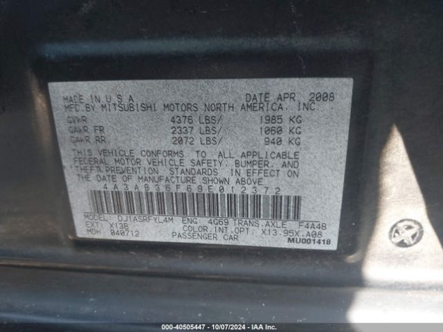 2009 MITSUBISHI GALANT 4A3AB36F69E012372 Photo 8