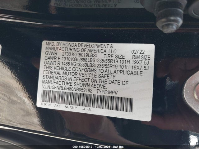Honda Odyssey Touring 2022 5FNRL6H80NB059182 Image 9