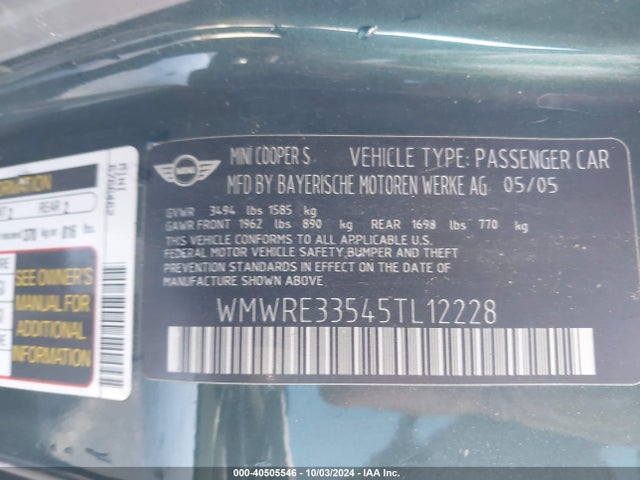 2005 MINI COOPER S WMWRE33545TL12228 Photo 8