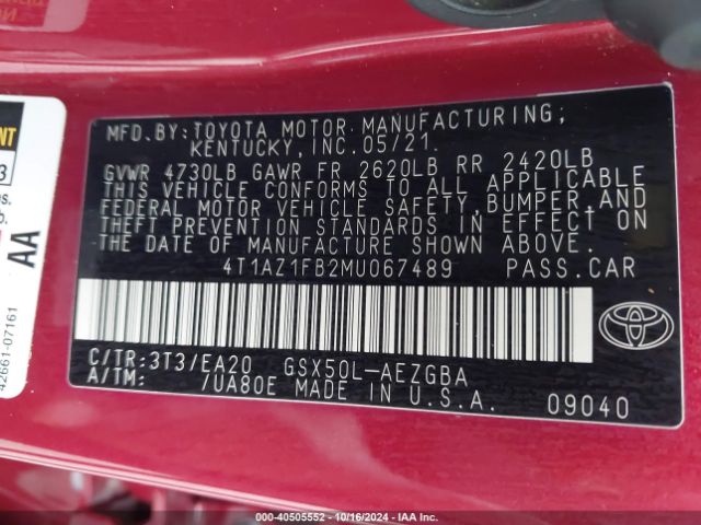 4T1AZ1FB2MU067489 Toyota AVALON XLE