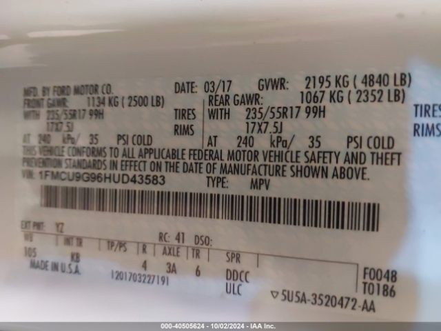 1FMCU9G96HUD43583 Ford ESCAPE SE