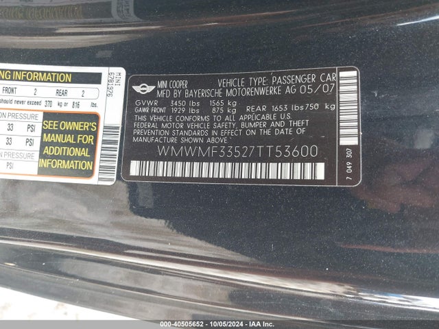 2007 MINI COOPER WMWMF33527TT53600 Photo 8