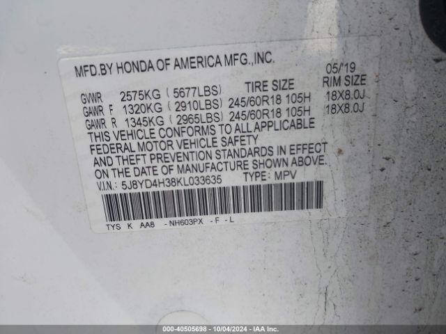 5J8YD4H38KL033635 Acura Mdx Standard