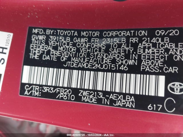 Toyota Corolla Hybrid Le 2021 JTDEAMDE2MJ015146 Image 9