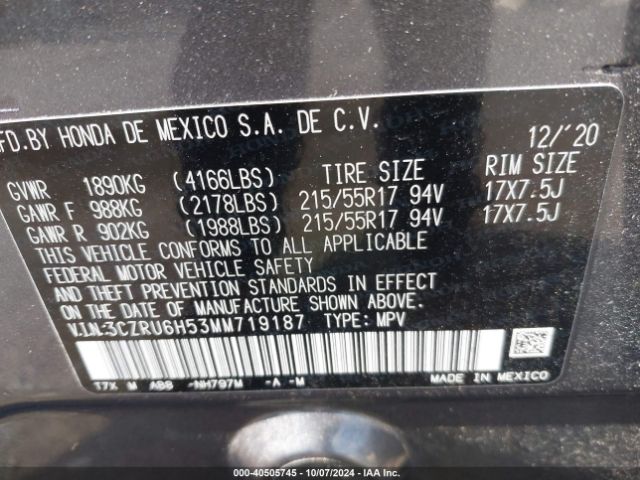 3CZRU6H53MM719187 Honda Hr-v Awd Ex