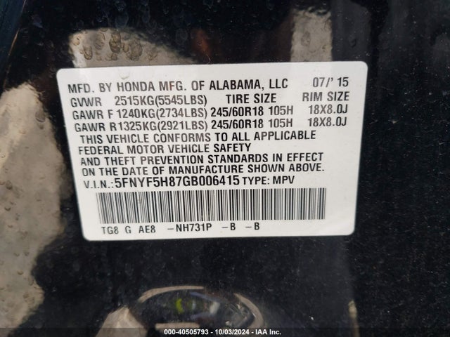 Honda Pilot Ex-l 2016 5FNYF5H87GB006415 Image 9
