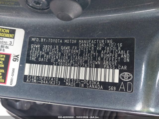 2T1BURHE3HC776318 Toyota COROLLA L