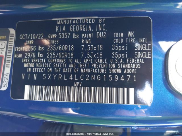5XYRL4LC2NG159471 KIA SORENTO S