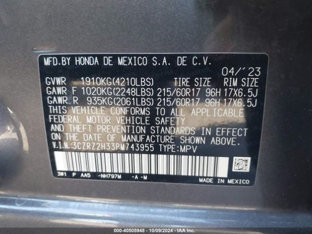 3CZRZ2H33PM743955 Honda Hr-v Awd Lx
