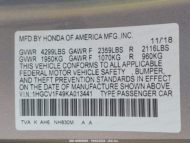 Honda ACCORD EX 2019 1HGCV1F49KA013441 Image 9