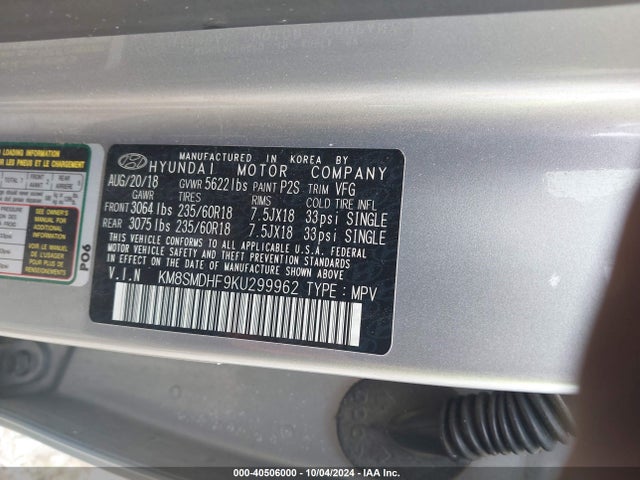 KM8SMDHF9KU299962 Hyundai Santa Fe Xl Se