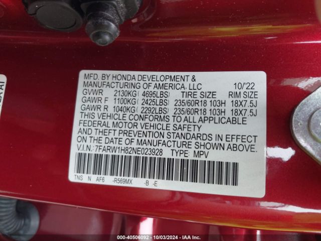 7FARW1H82NE023928 Honda Cr-v 2wd Ex-l