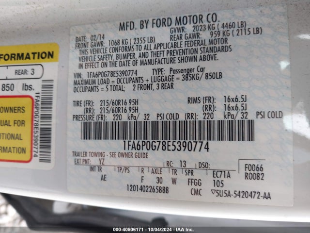 Ford FUSION S 2014 1FA6P0G78E5390774 Image 9