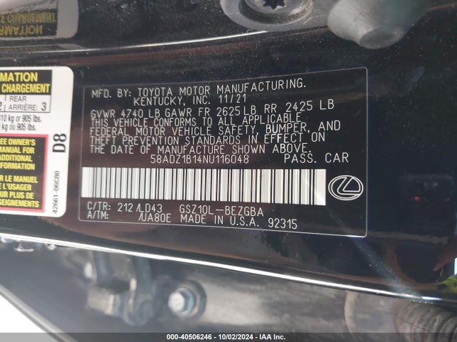 Lexus ES 350 2022 58ADZ1B14NU116048 Image 9