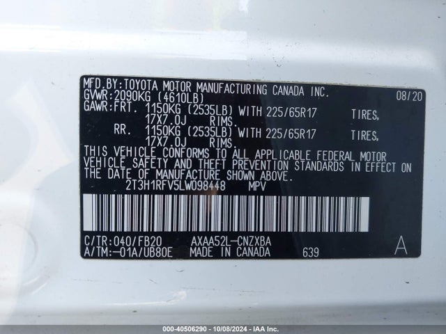 Toyota RAV4 LE 2020 2T3H1RFV5LW098448 Image 9