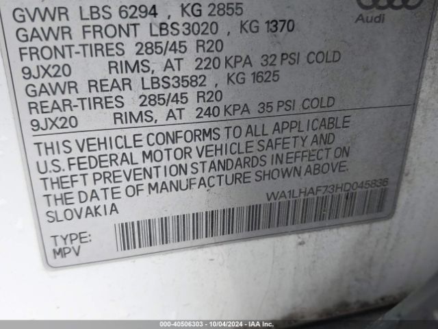 WA1LHAF73HD045836 Audi Q7 2.0t Premium
