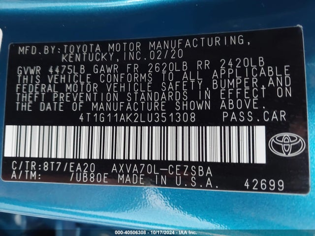 Toyota CAMRY SE 2020 4T1G11AK2LU351308 Image 9
