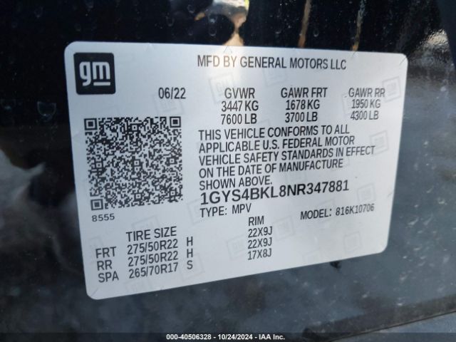 1GYS4BKL8NR347881 Cadillac Escalade 4wd Premium Luxury