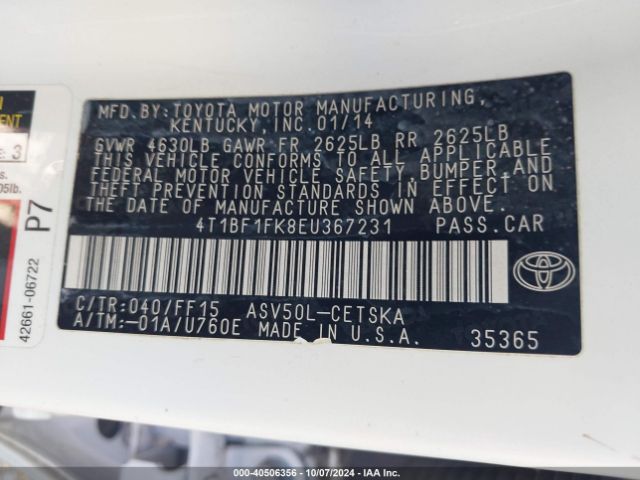 4T1BF1FK8EU367231 Toyota CAMRY SE