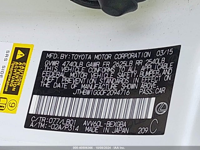 Lexus ES 300H 2015 JTHBW1GG0F2094716 Image 9