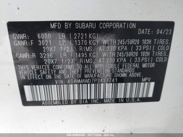 4S4WMAWD7P3437741 Subaru Ascent Touring 7-passenger