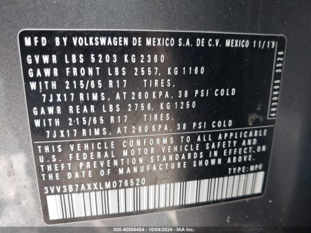 3VV3B7AXXLM076520 Volkswagen Tiguan 2.0t Se/2.0t Se R-line Black/2.0t Sel