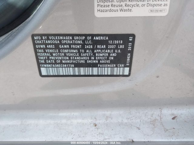 1VWBN7A36EC061738 Volkswagen Passat 2.0l Tdi Se